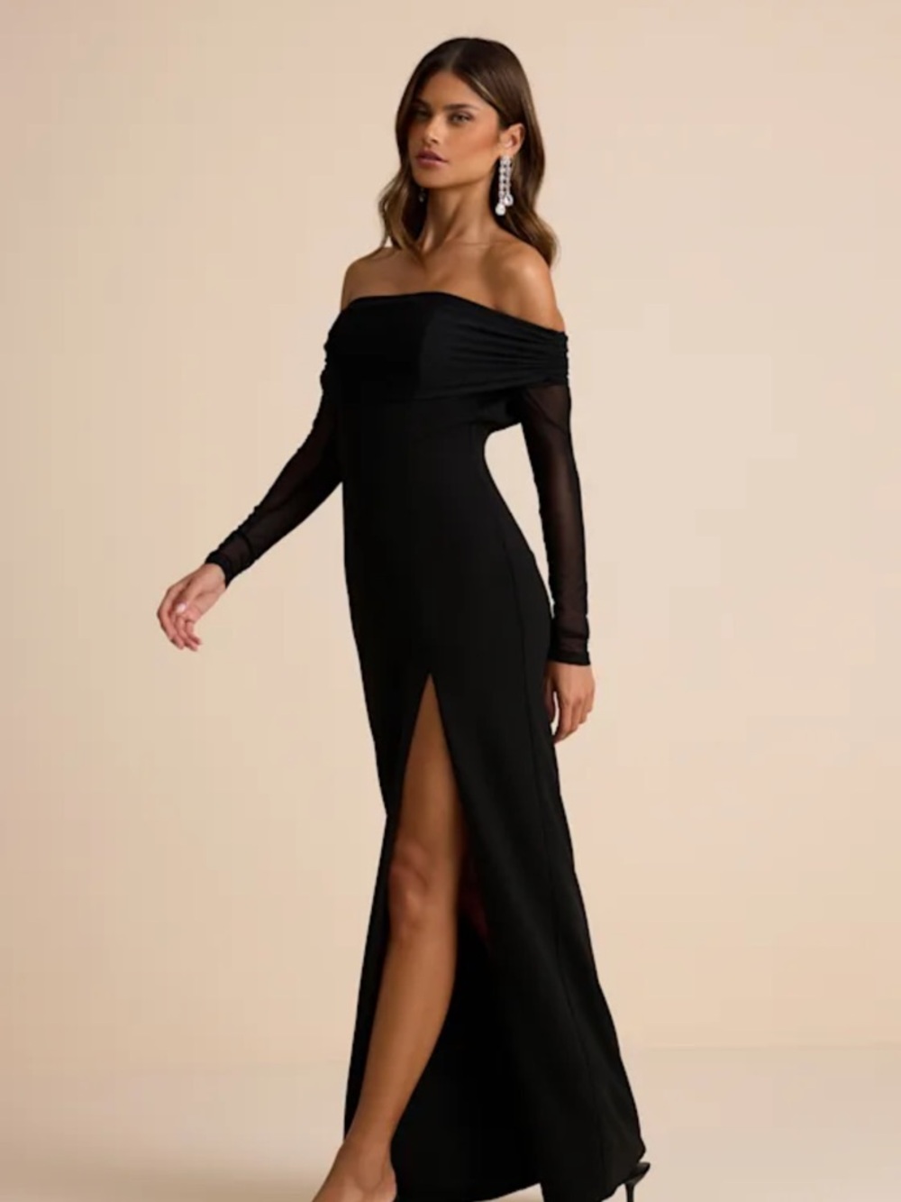 Lulu's Black Off-the-Shoulder Long Sleeve Gown with Thigh Slit